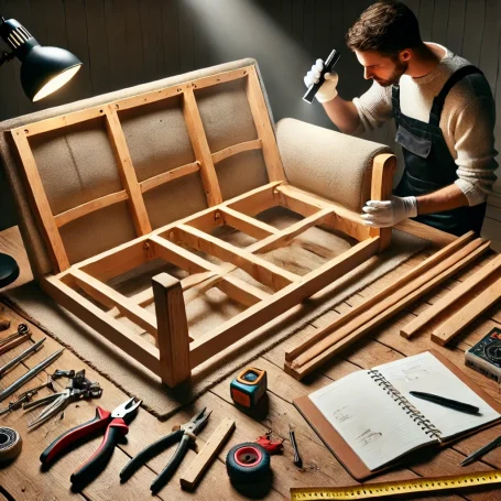 A craftsman repairs a wooden sofa frame surrounded by tools and materials.