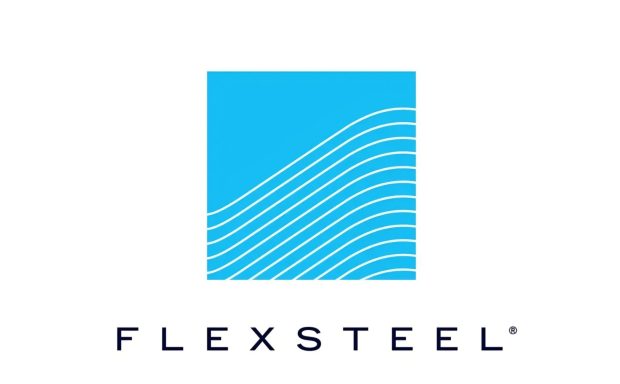 Blue square logo with wavy lines above the text "FLEXSTEEL" in a modern font.