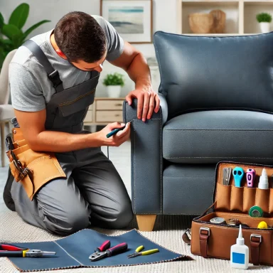 Person repairing a blue sofa, using tools from a nearby toolbox.