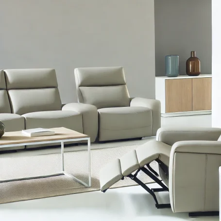 Modern living room featuring beige reclining sofas and a wooden side cabinet.